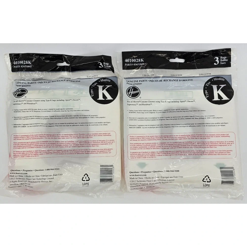 Genuine HOOVER Type K Vacuum Cleaner Bags 4010028K 2 Packs of 3 (6 total) OEM‎